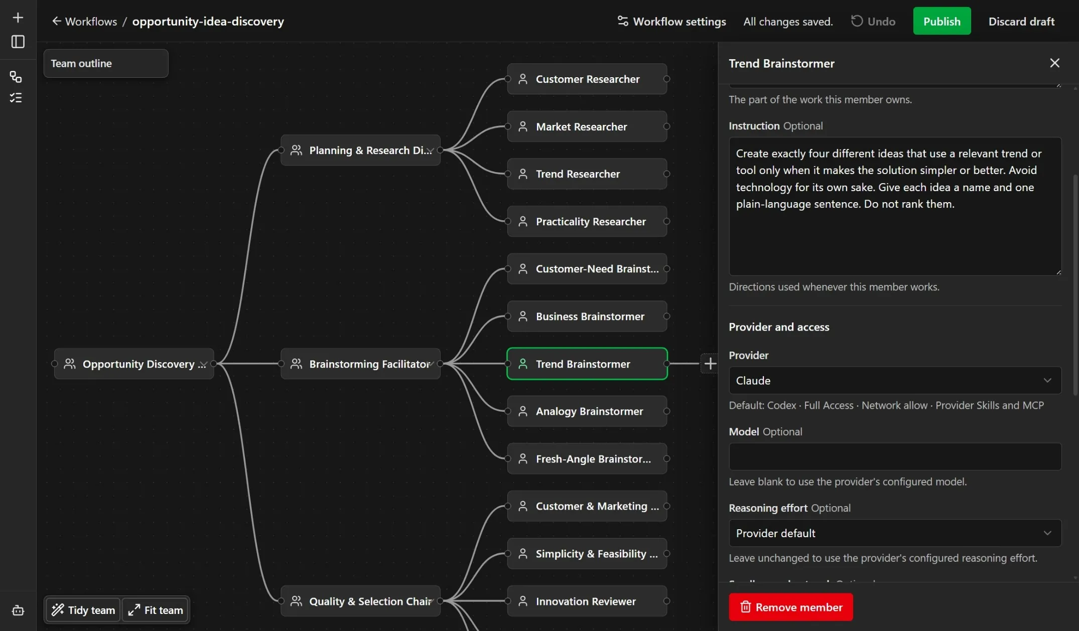 Banksia's dark workflow editor showing a branching team of AI roles.