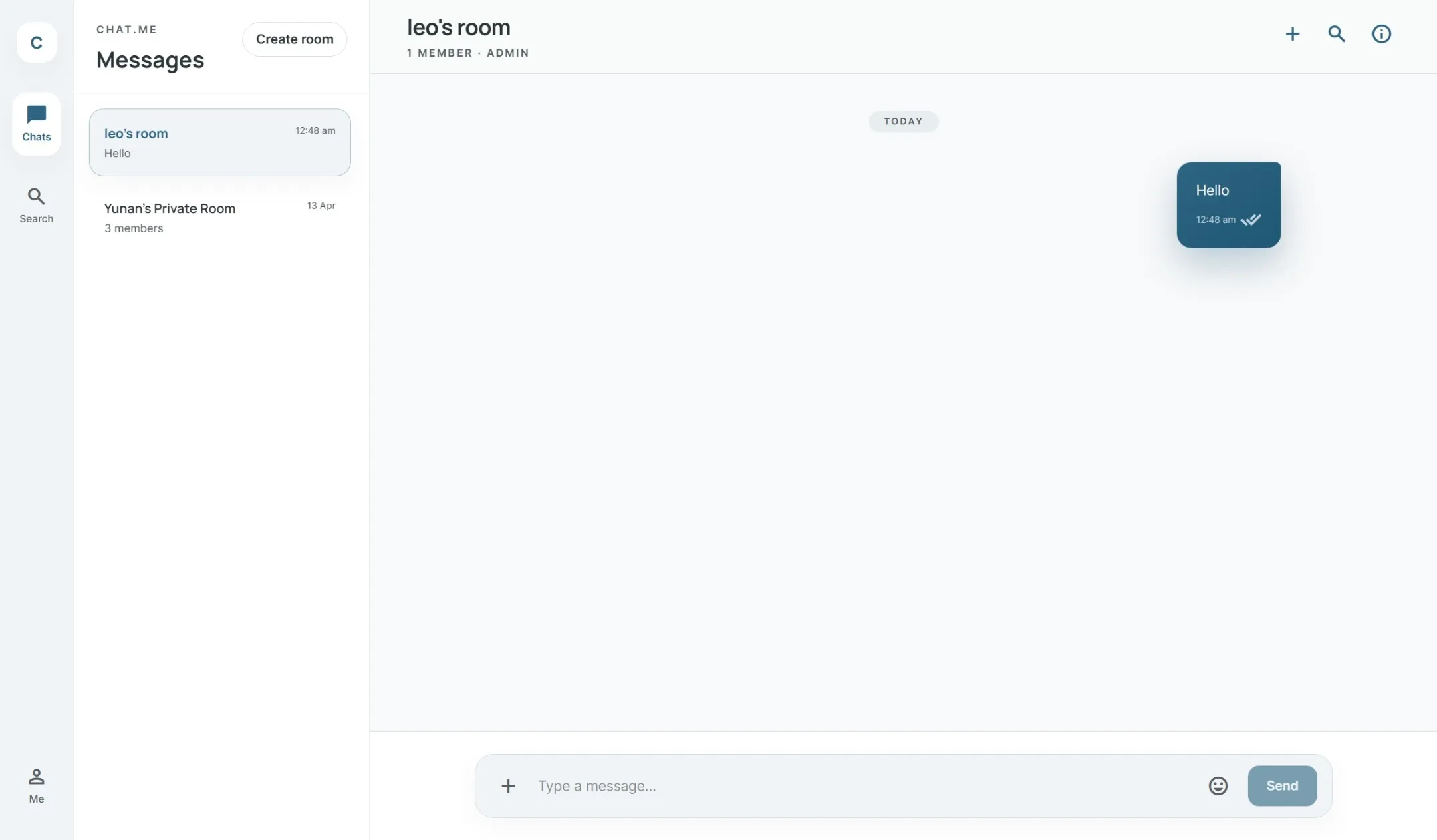 Chat.me interface showing private rooms and a conversation view.