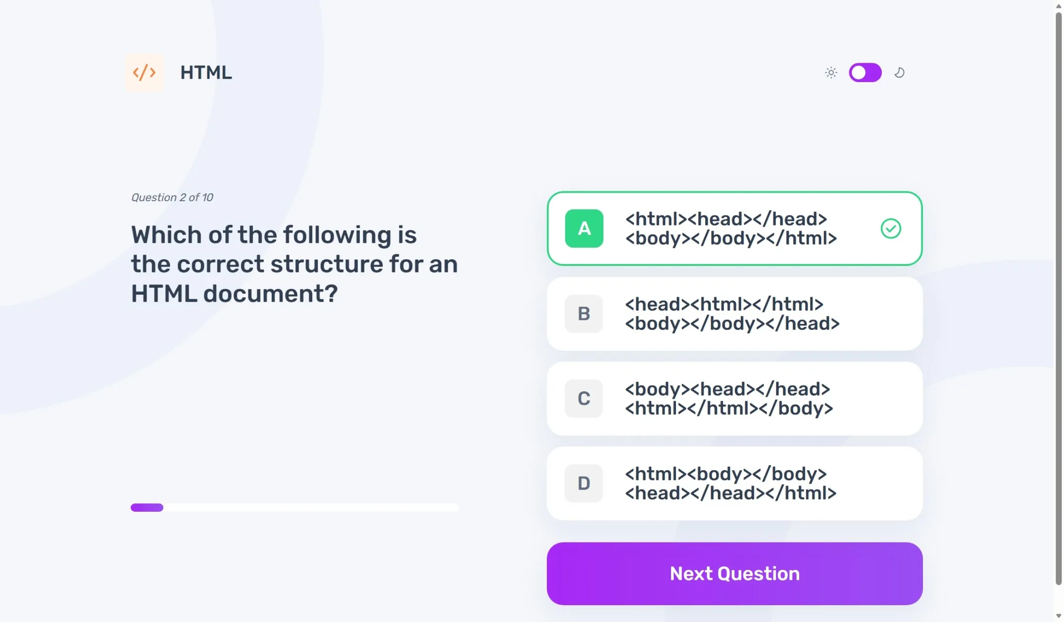 Frontend Quiz showing an HTML question with the correct answer selected.
