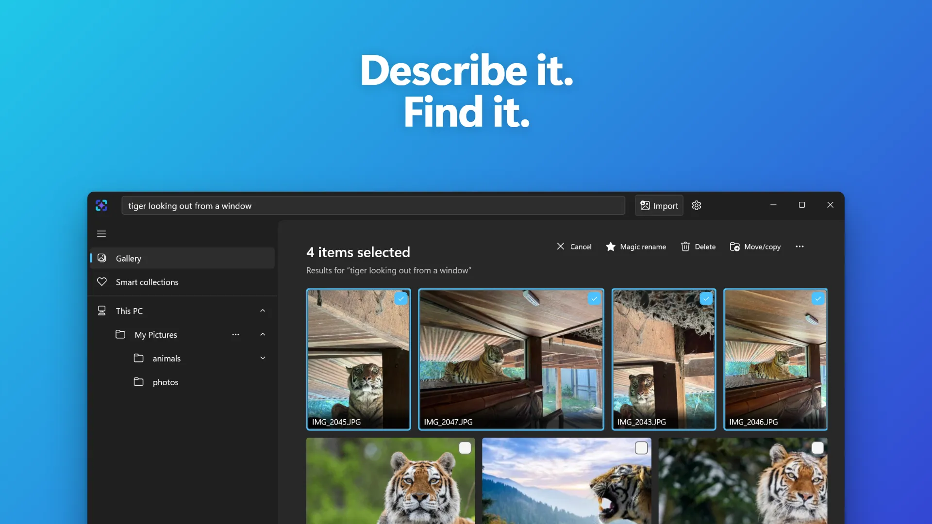 ImageSage showing natural-language search results with matching photos selected and file actions visible.