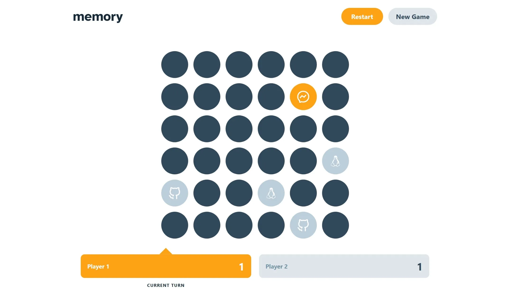 Memory Game showing a grid of circular cards and two player scores.