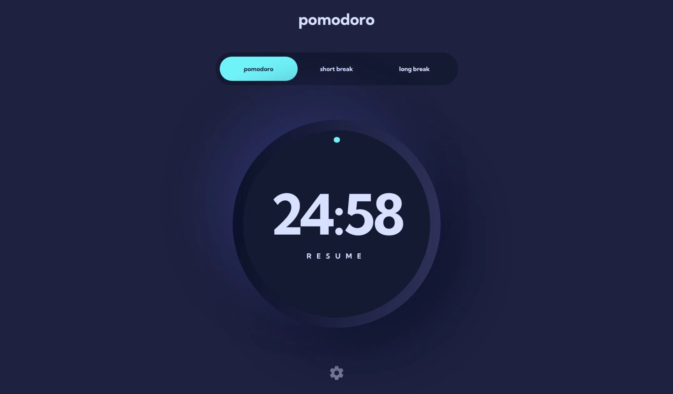 Pomodoro timer interface with a cyan theme and circular countdown.