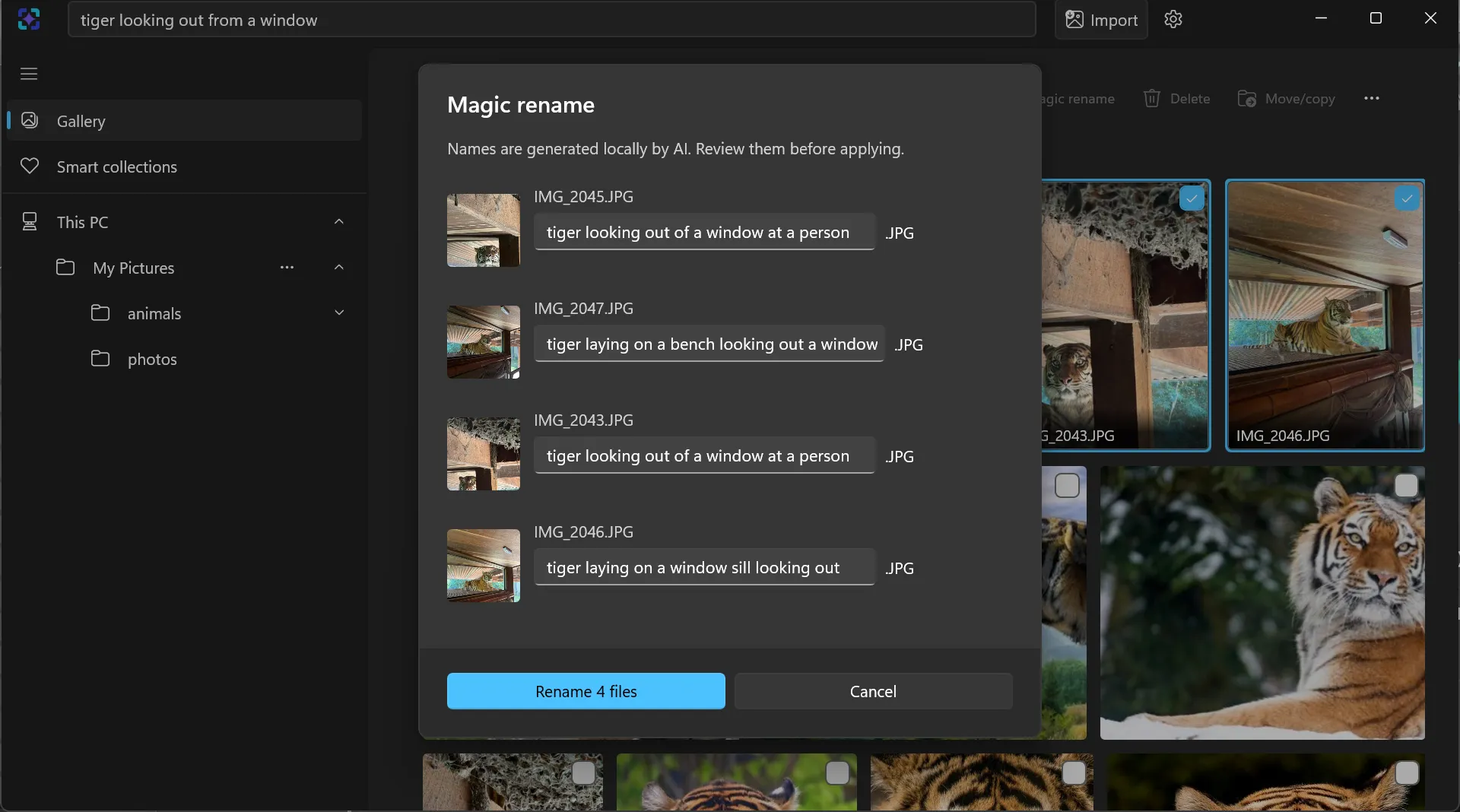 The ImageSage Magic rename dialog showing four editable AI-suggested filenames, with Rename 4 files and Cancel buttons.