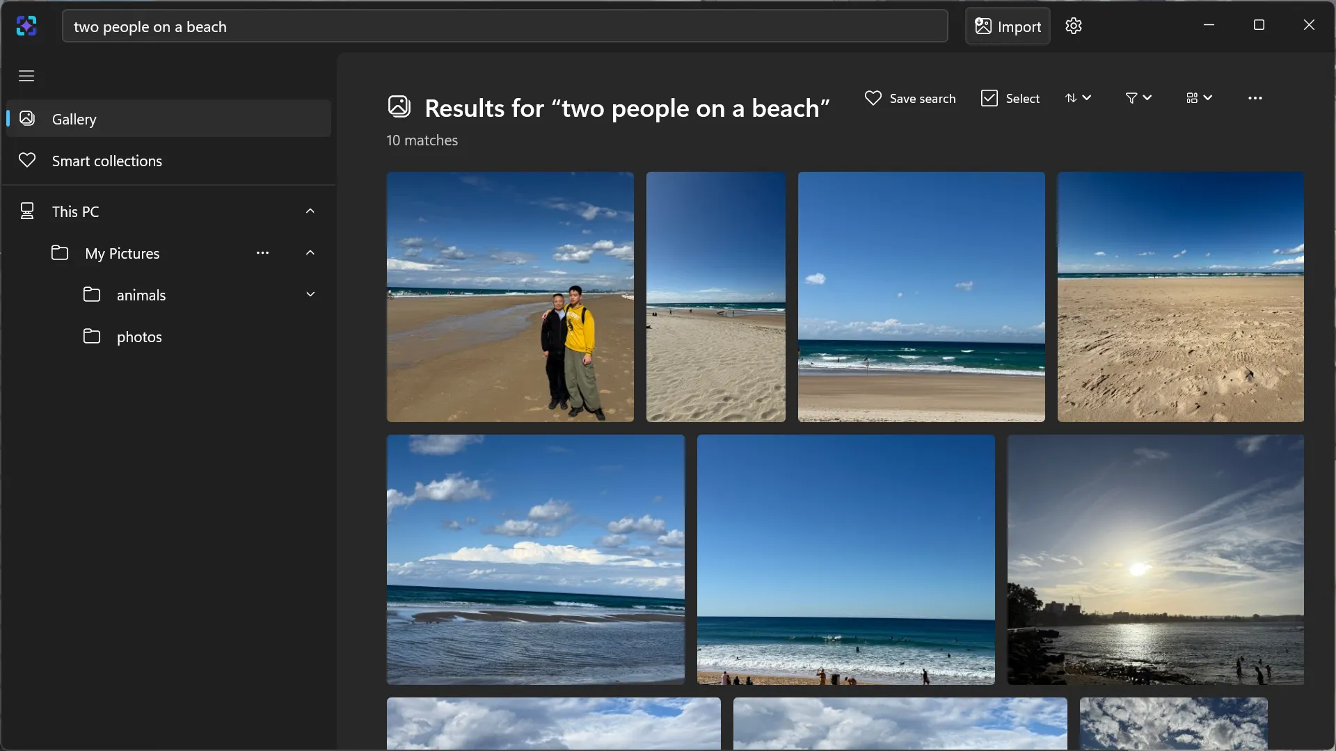 ImageSage showing ten results for the search ‘two people on a beach’ from folders in My Pictures.